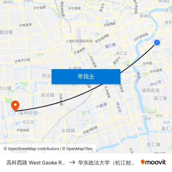 高科西路 West Gaoke Road to 华东政法大学（松江校区） map