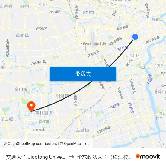交通大学 Jiaotong University to 华东政法大学（松江校区） map