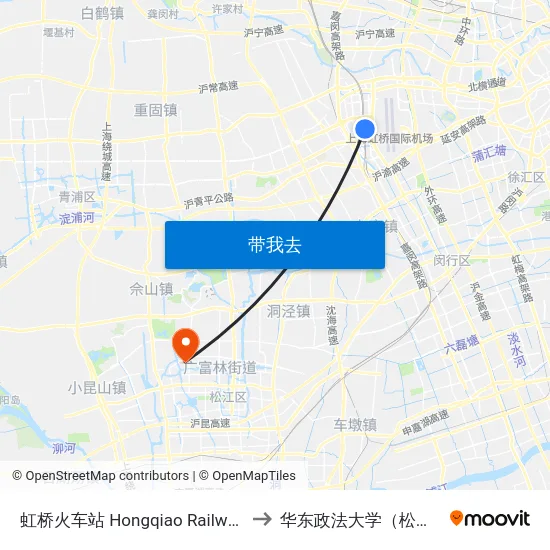 虹桥火车站 Hongqiao Railway Station to 华东政法大学（松江校区） map