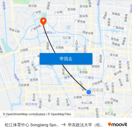 松江体育中心 Songjiang Sports Center to 华东政法大学（松江校区） map