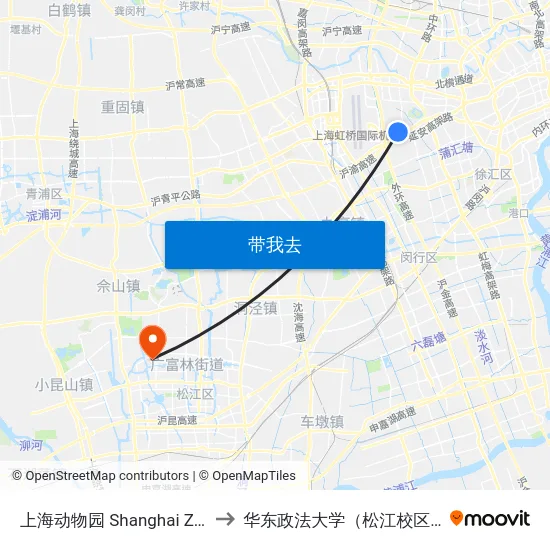上海动物园 Shanghai Zoo to 华东政法大学（松江校区） map