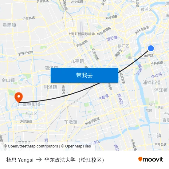 杨思 Yangsi to 华东政法大学（松江校区） map