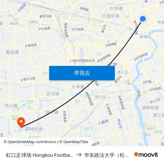 虹口足球场 Hongkou Football Stadium to 华东政法大学（松江校区） map