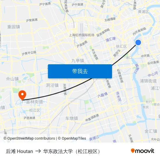 后滩 Houtan to 华东政法大学（松江校区） map