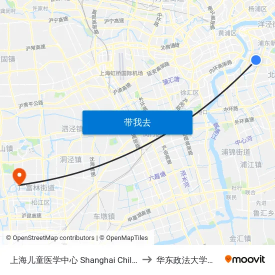 上海儿童医学中心 Shanghai Children's Medical Center to 华东政法大学（松江校区） map
