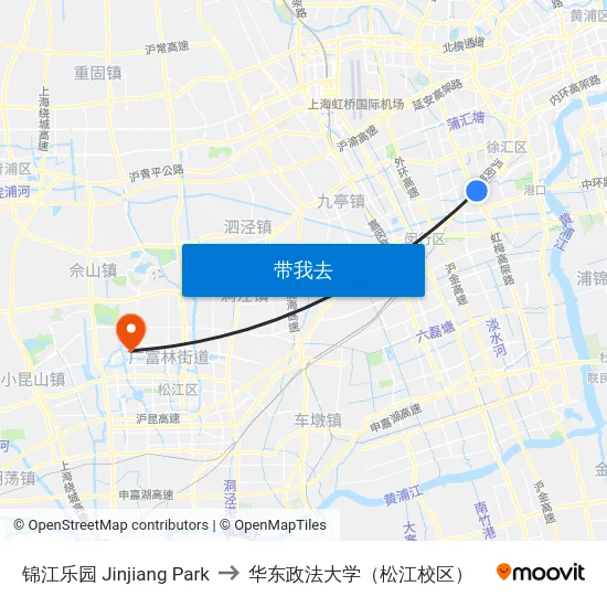 锦江乐园 Jinjiang Park to 华东政法大学（松江校区） map