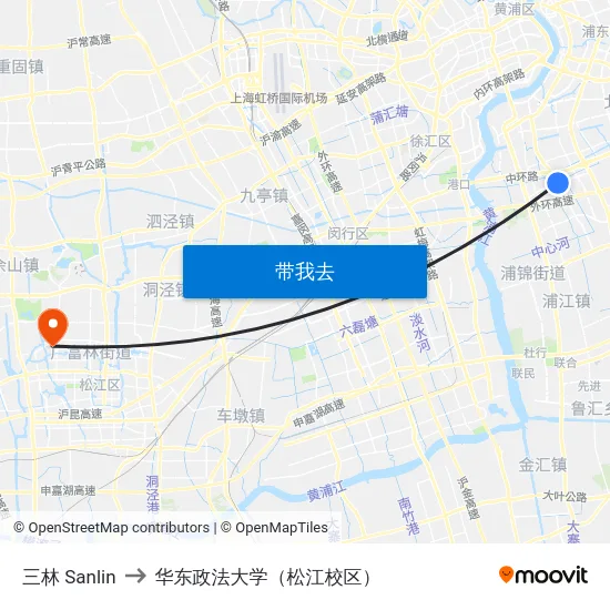 三林 Sanlin to 华东政法大学（松江校区） map