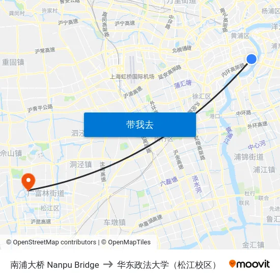 南浦大桥 Nanpu Bridge to 华东政法大学（松江校区） map