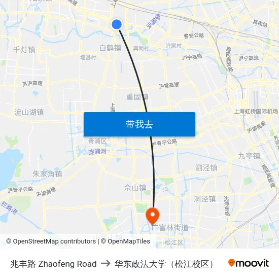 兆丰路 Zhaofeng Road to 华东政法大学（松江校区） map