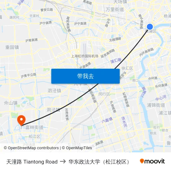 天潼路 Tiantong Road to 华东政法大学（松江校区） map
