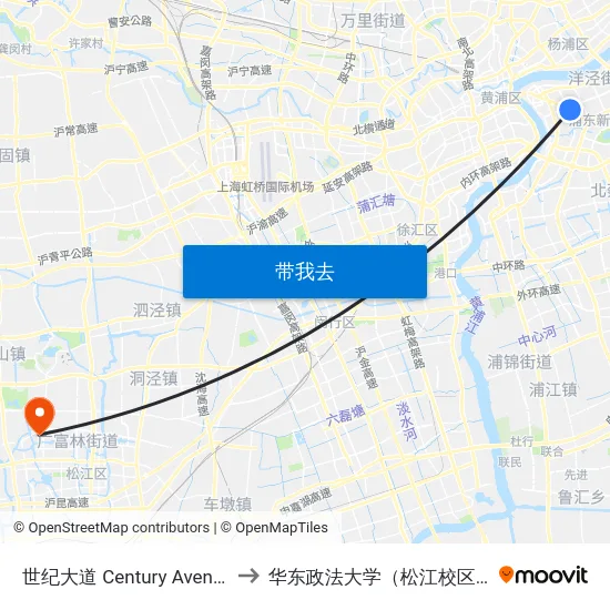 世纪大道 Century Avenue to 华东政法大学（松江校区） map