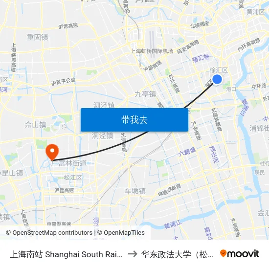 上海南站 Shanghai South Railway Station to 华东政法大学（松江校区） map