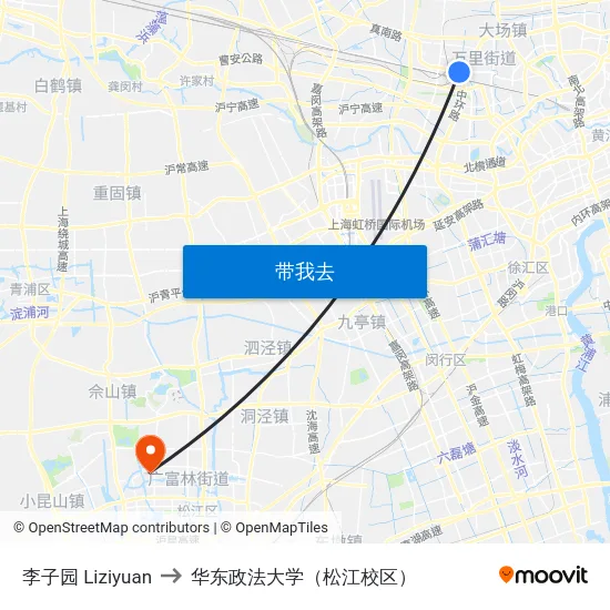 李子园 Liziyuan to 华东政法大学（松江校区） map