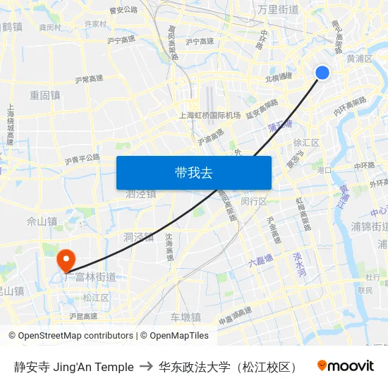 静安寺 Jing'An Temple to 华东政法大学（松江校区） map