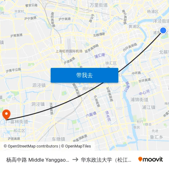 杨高中路 Middle Yanggao Road to 华东政法大学（松江校区） map