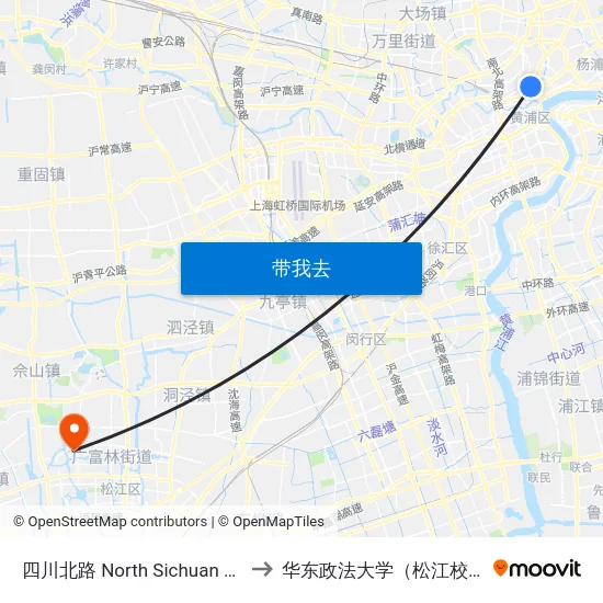 四川北路 North Sichuan Road to 华东政法大学（松江校区） map