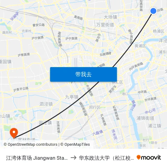 江湾体育场 Jiangwan Stadium to 华东政法大学（松江校区） map