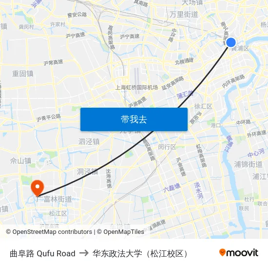 曲阜路 Qufu Road to 华东政法大学（松江校区） map