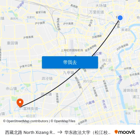 西藏北路 North Xizang Road to 华东政法大学（松江校区） map