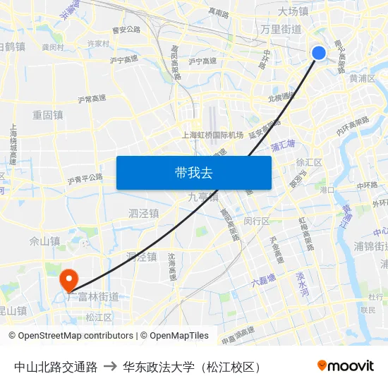 中山北路交通路 to 华东政法大学（松江校区） map