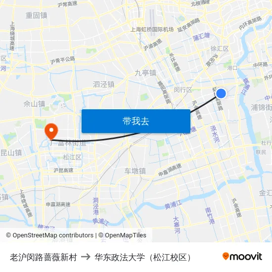 老沪闵路蔷薇新村 to 华东政法大学（松江校区） map
