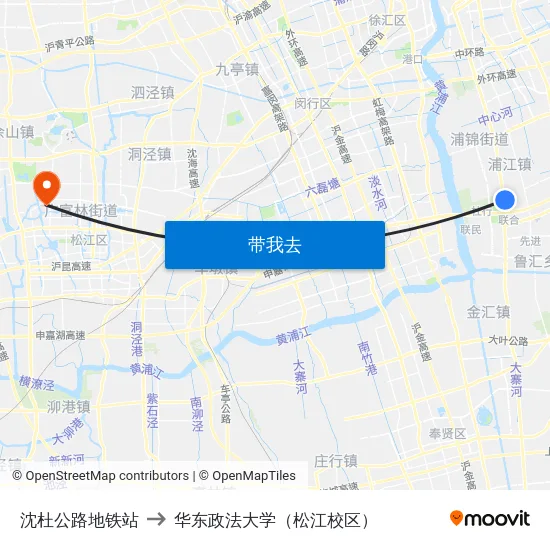 沈杜公路地铁站 to 华东政法大学（松江校区） map