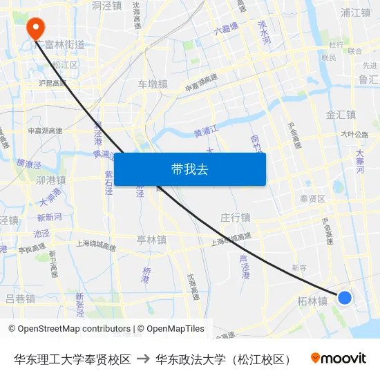 华东理工大学奉贤校区 to 华东政法大学（松江校区） map
