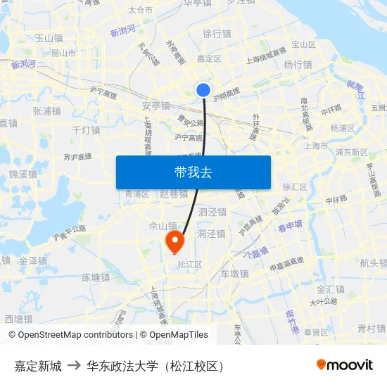 嘉定新城 to 华东政法大学（松江校区） map
