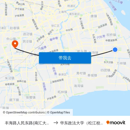丰海路人民东路(南汇大学城) to 华东政法大学（松江校区） map