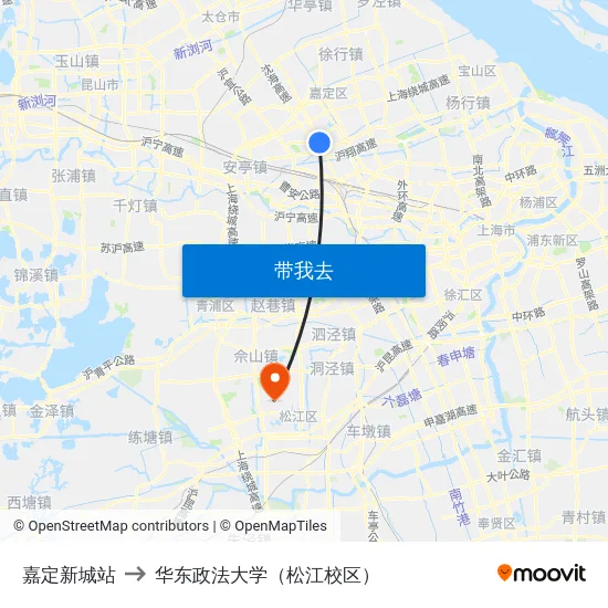 嘉定新城站 to 华东政法大学（松江校区） map