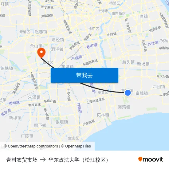 青村农贸市场 to 华东政法大学（松江校区） map