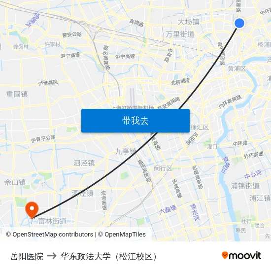 岳阳医院 to 华东政法大学（松江校区） map