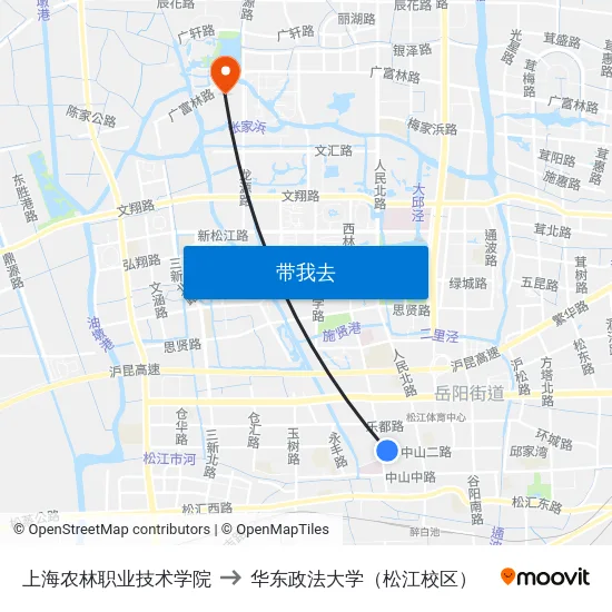 上海农林职业技术学院 to 华东政法大学（松江校区） map