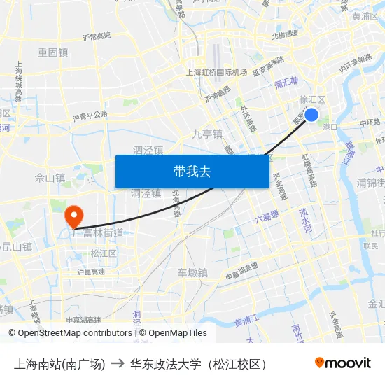 上海南站(南广场) to 华东政法大学（松江校区） map