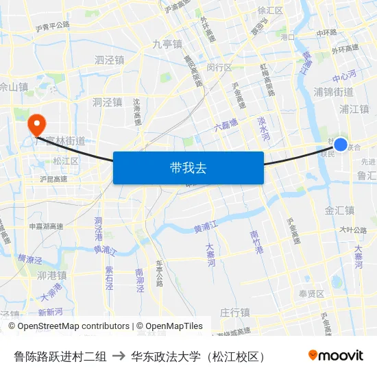 鲁陈路跃进村二组 to 华东政法大学（松江校区） map