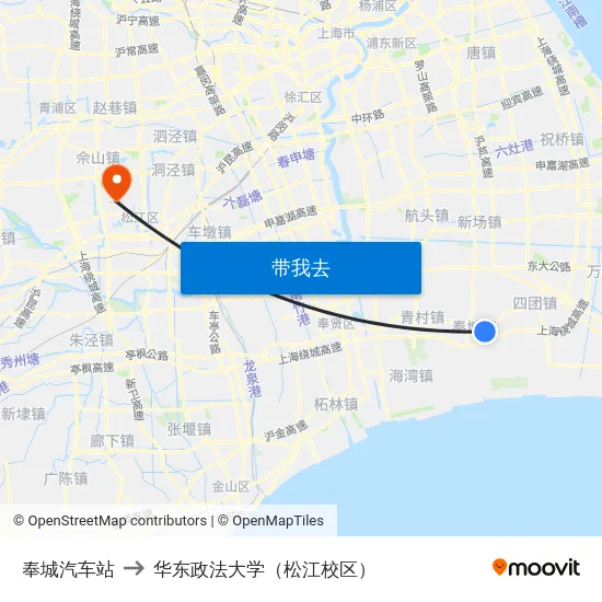 奉城汽车站 to 华东政法大学（松江校区） map