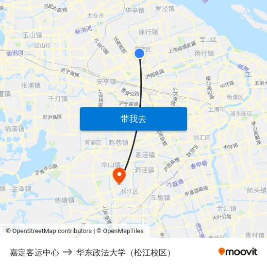 嘉定客运中心 to 华东政法大学（松江校区） map