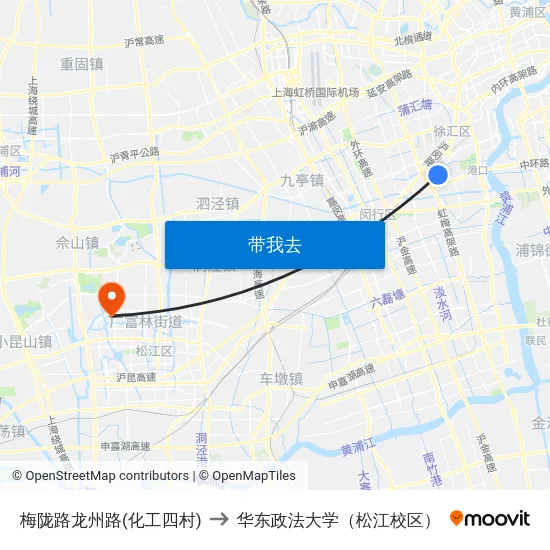 梅陇路龙州路(化工四村) to 华东政法大学（松江校区） map