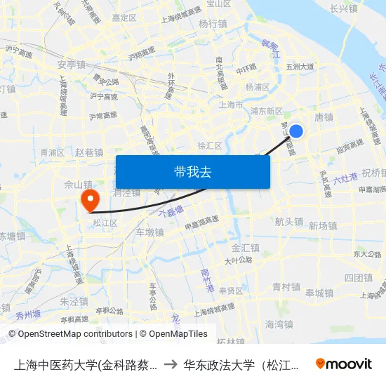 上海中医药大学(金科路蔡伦路) to 华东政法大学（松江校区） map