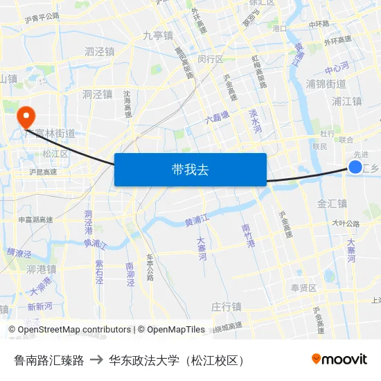 鲁南路汇臻路 to 华东政法大学（松江校区） map