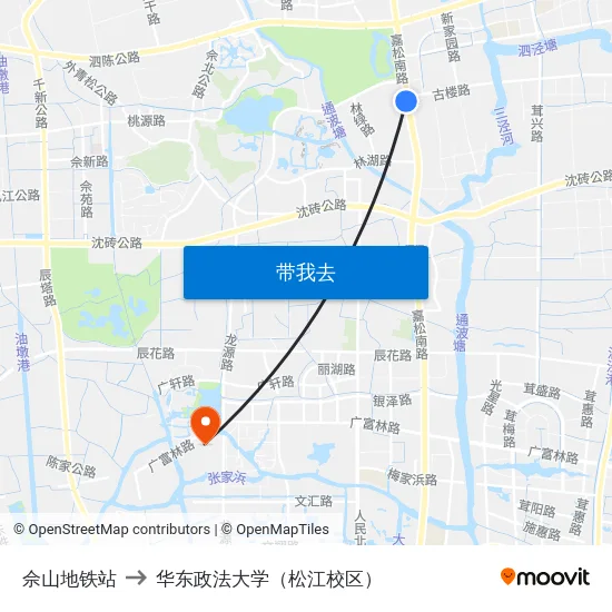 佘山地铁站 to 华东政法大学（松江校区） map