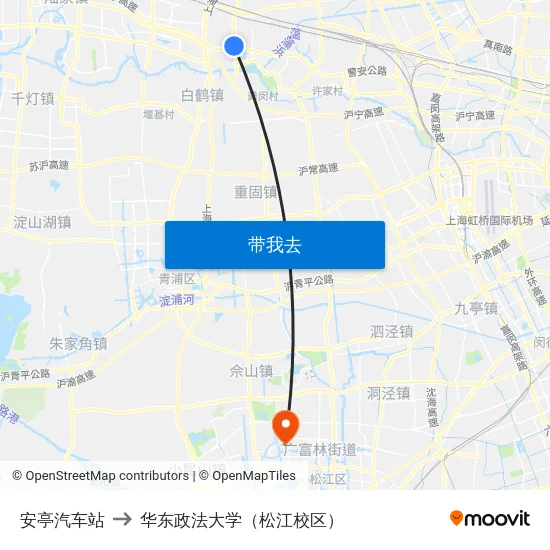 安亭汽车站 to 华东政法大学（松江校区） map