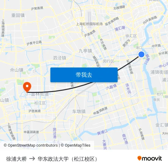 徐浦大桥 to 华东政法大学（松江校区） map