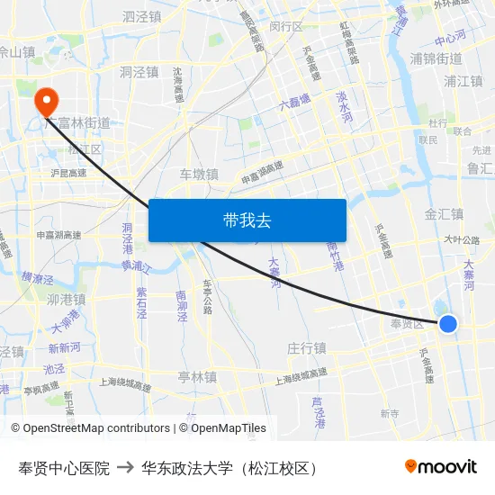 奉贤中心医院 to 华东政法大学（松江校区） map
