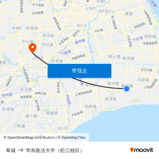 奉城 to 华东政法大学（松江校区） map
