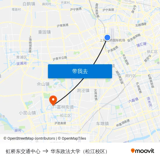 虹桥东交通中心 to 华东政法大学（松江校区） map
