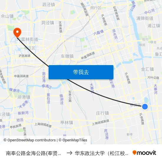 南奉公路金海公路(奉贤中学) to 华东政法大学（松江校区） map