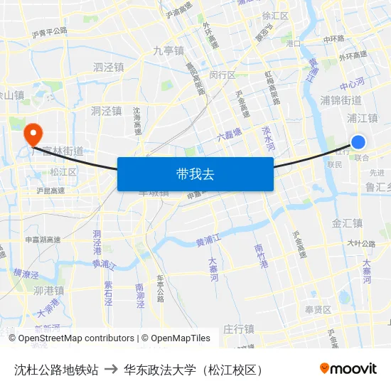 沈杜公路地铁站 to 华东政法大学（松江校区） map