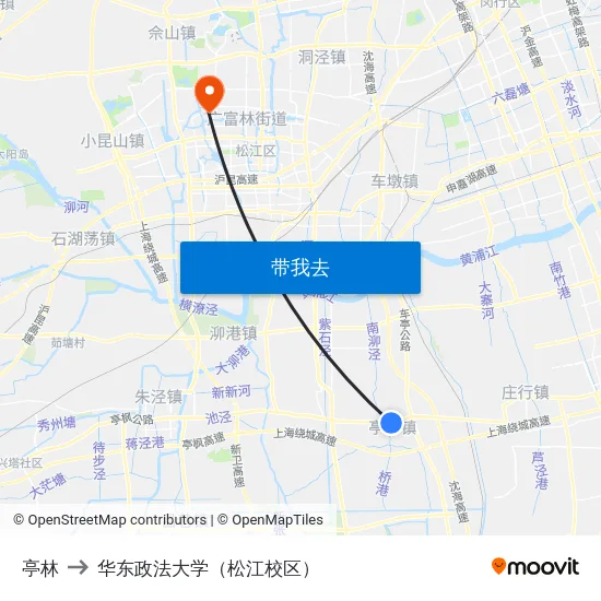 亭林 to 华东政法大学（松江校区） map