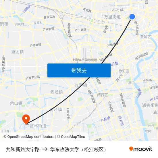 共和新路大宁路 to 华东政法大学（松江校区） map
